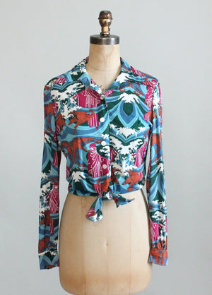 Vintage 1970s Novelty Print Tie Waist Shirt
