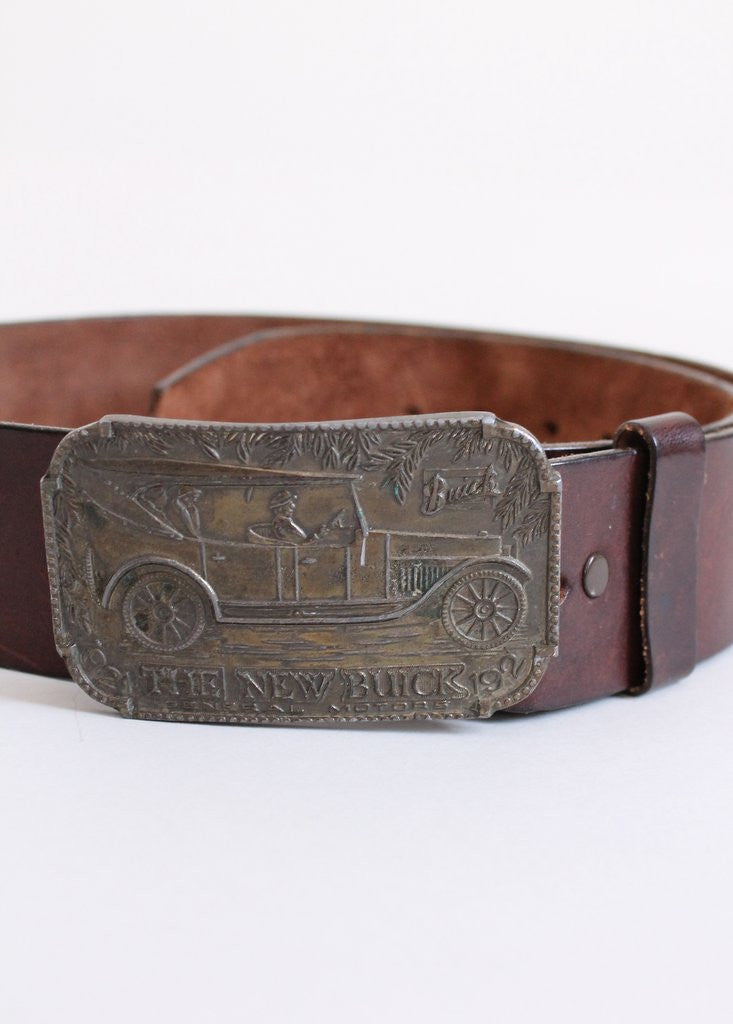 Vintage 1970s Buick Brass Buckle and Brown Leather Belt