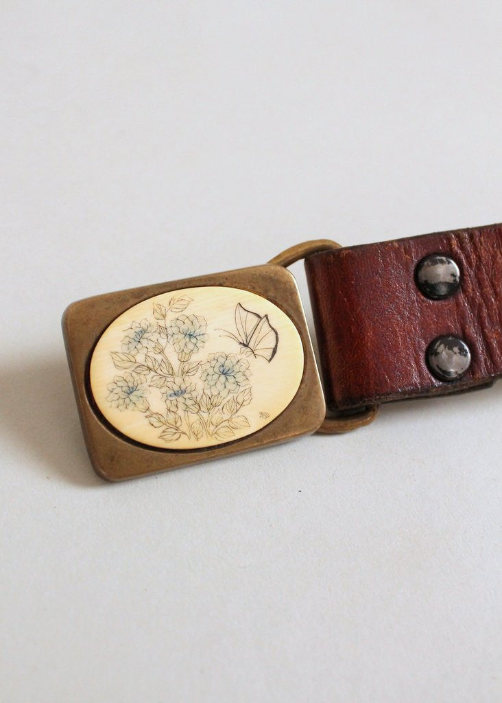 Vintage 1970s Craftmasters of Nantucket Scrimshaw Butterfly Belt