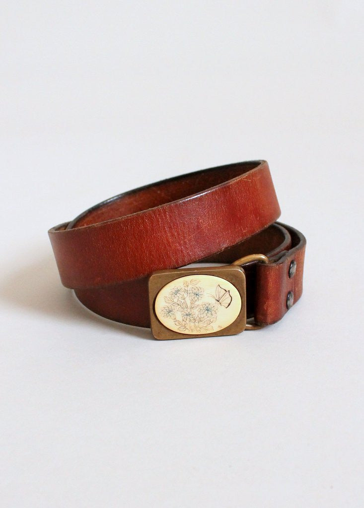 Vintage 1970s Craftmasters of Nantucket Scrimshaw Butterfly Belt