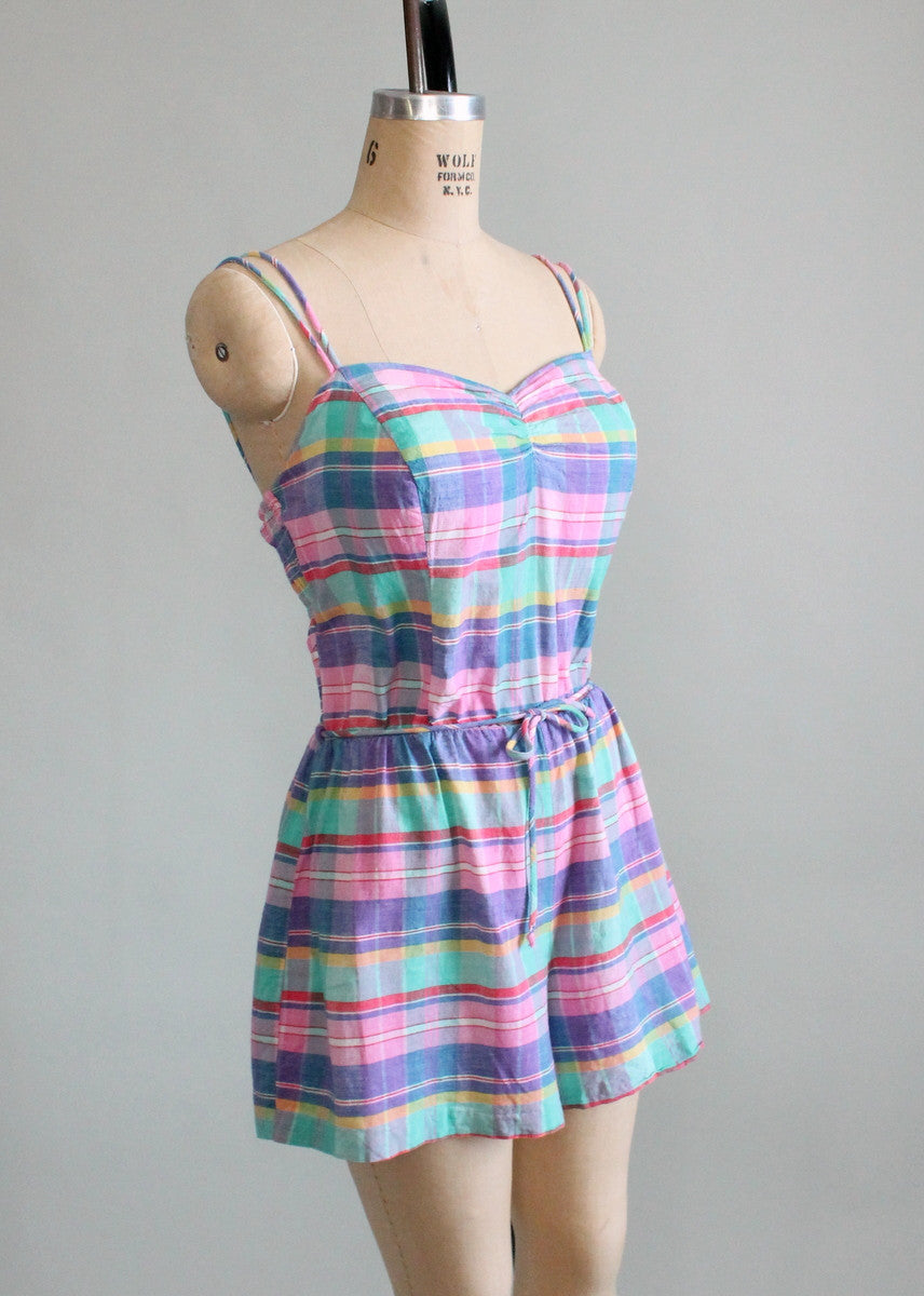 Vintage 1970s Madras Plaid Gabar Playsuit