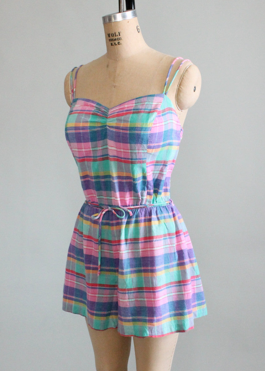 Vintage 1970s Madras Plaid Gabar Playsuit