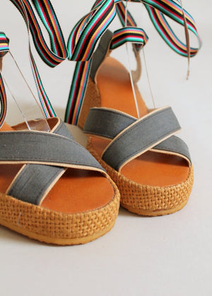 Vintage 1970s Rainbow Ribbon Ankle Tie Platform Sandals
