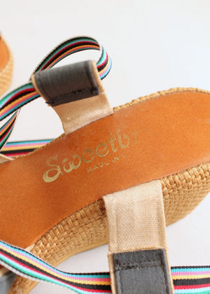 Vintage 1970s Rainbow Ribbon Ankle Tie Platform Sandals