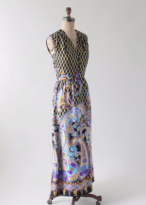 Vintage 1960s Colorful Silk Print Maxi Dress