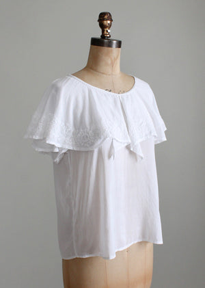 Vintage 1970s White Embroidered Ruffle Blouse