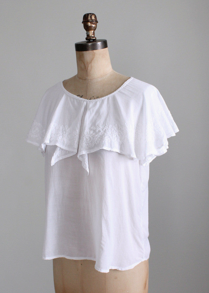 Vintage 1970s White Embroidered Ruffle Blouse