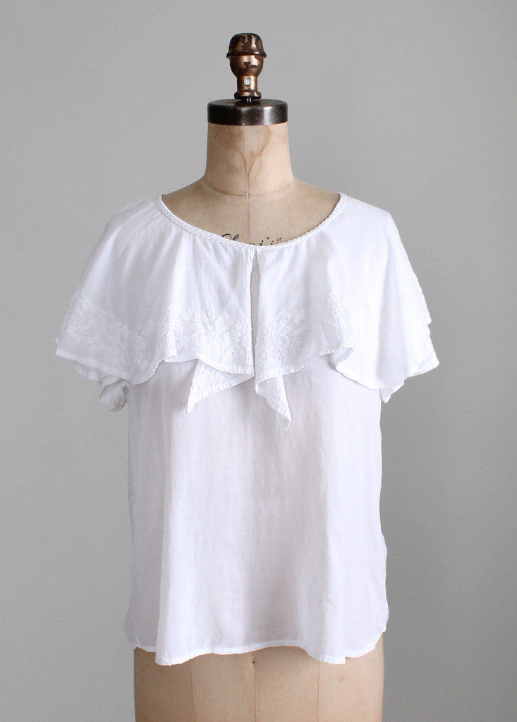 Vintage 1970s White Embroidered Ruffle Blouse