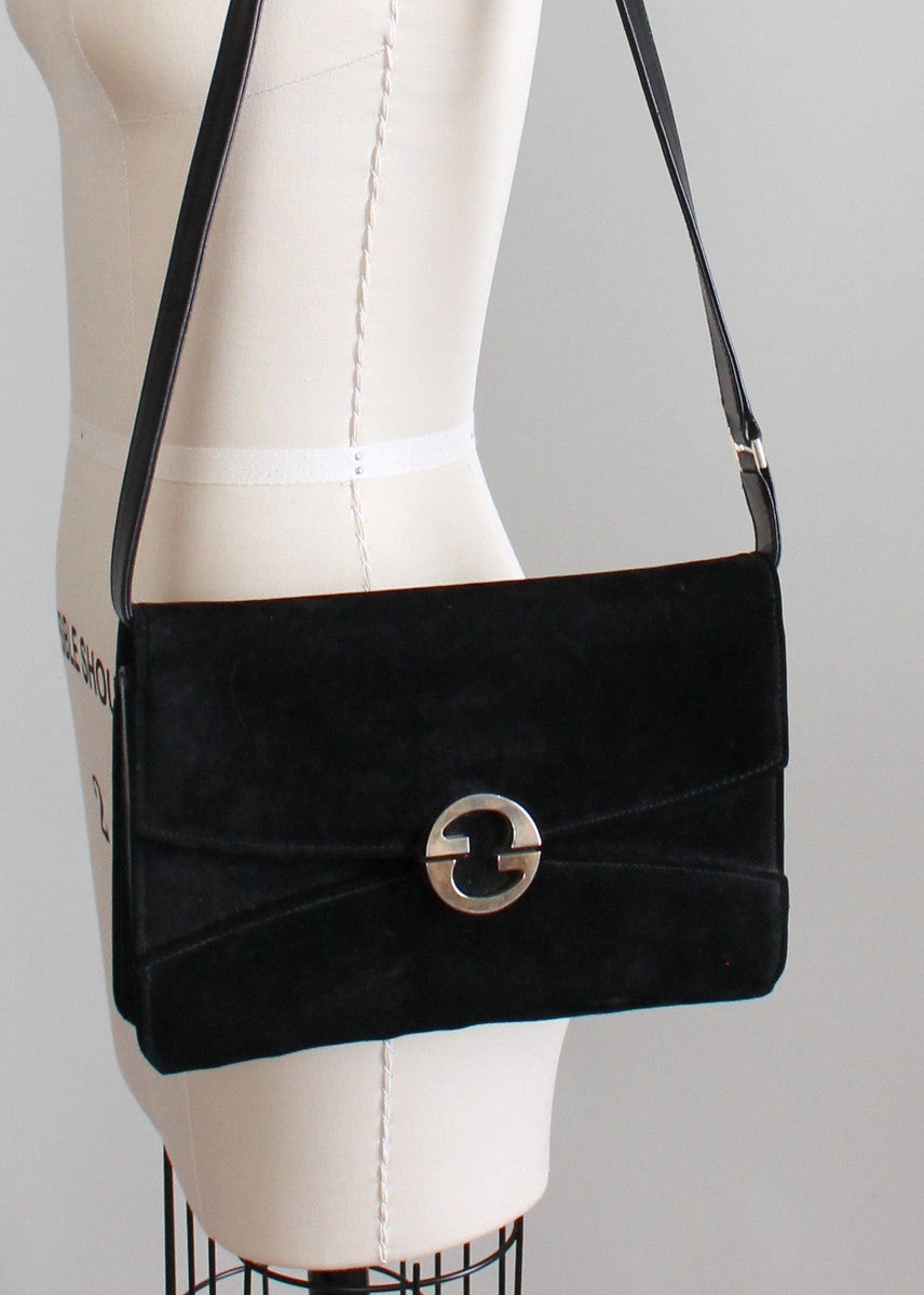 Vintage Picard Shoulder Bag Embroidered Black Suede Black 