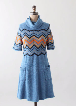 Vintage 1970s Zig Zag Blue Knit Dress
