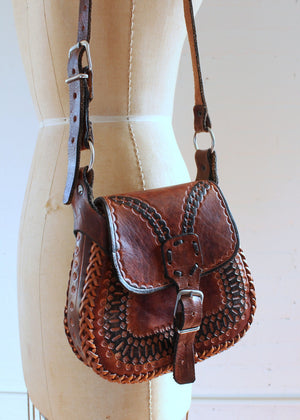 Vintage 1970s Tan and Black Tooled Leather Saddle Purse