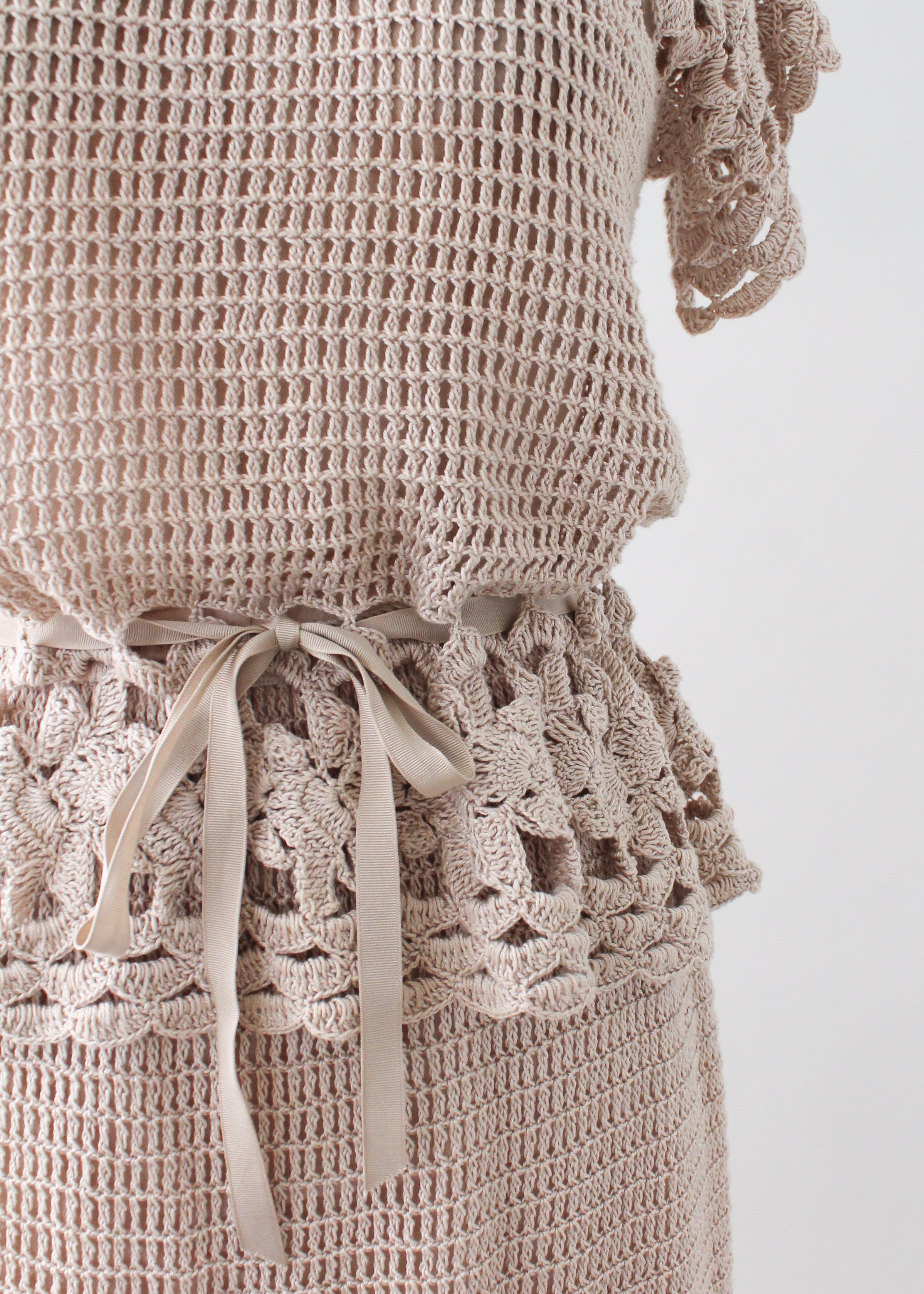 Vintage 1970s Tan Crochet Dress Set