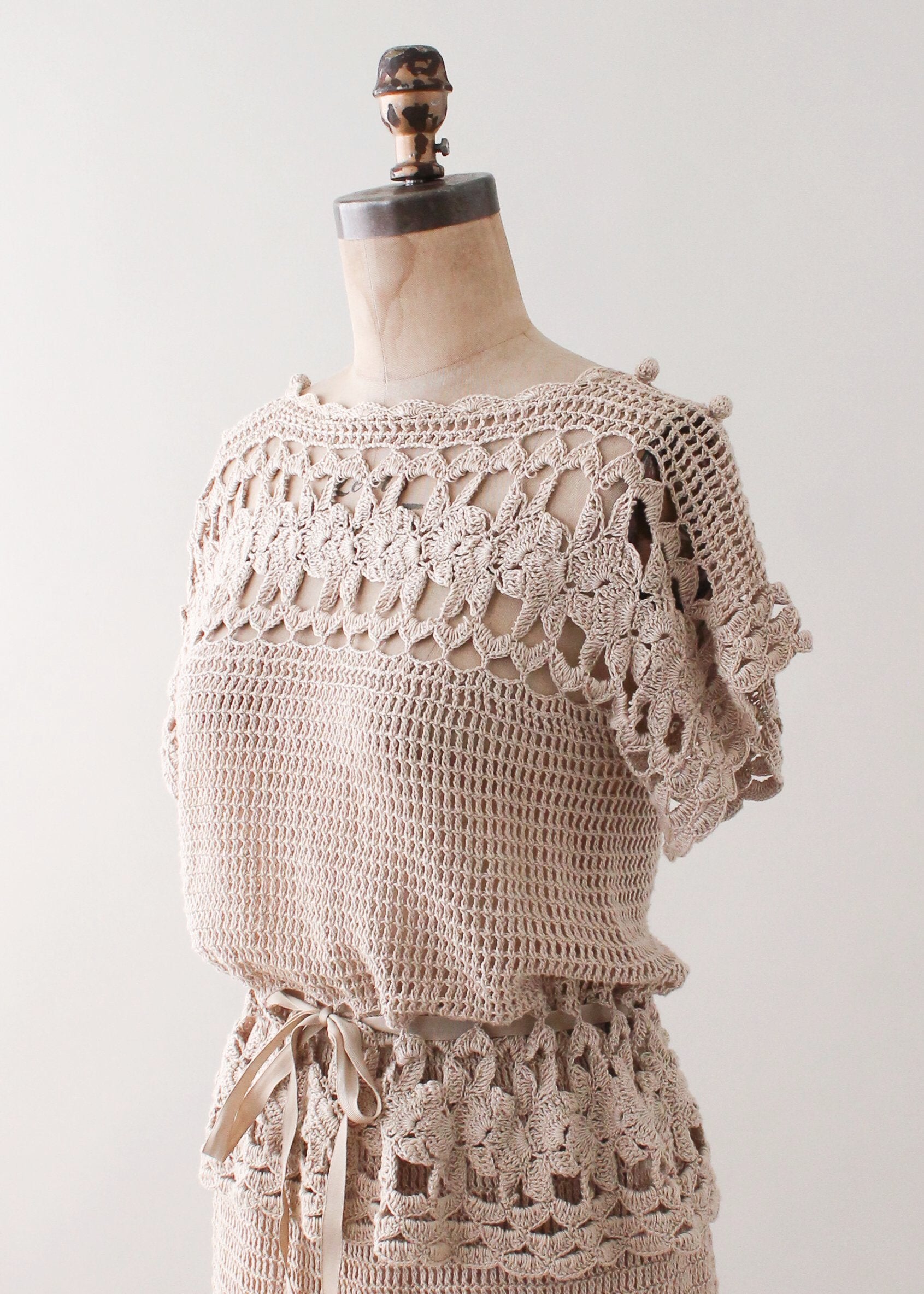 Vintage 1970s Tan Crochet Dress Set