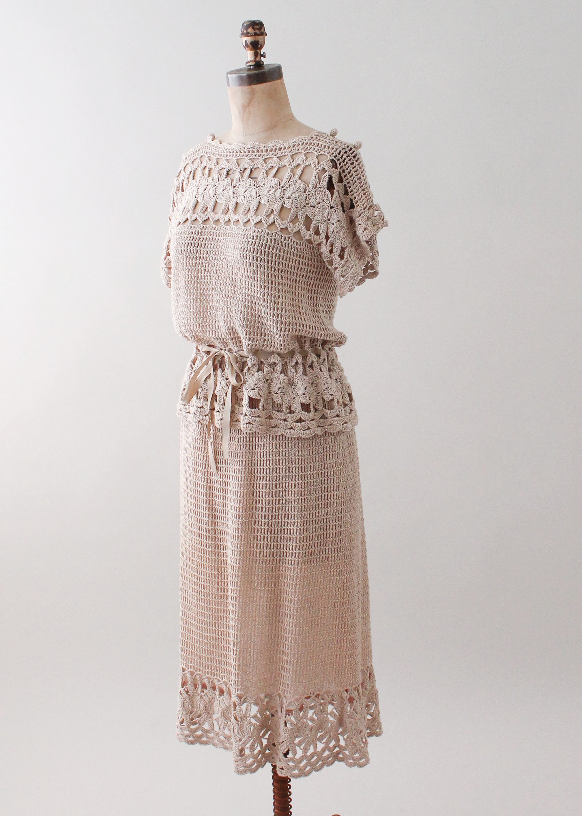 Vintage 1970s Tan Crochet Dress Set