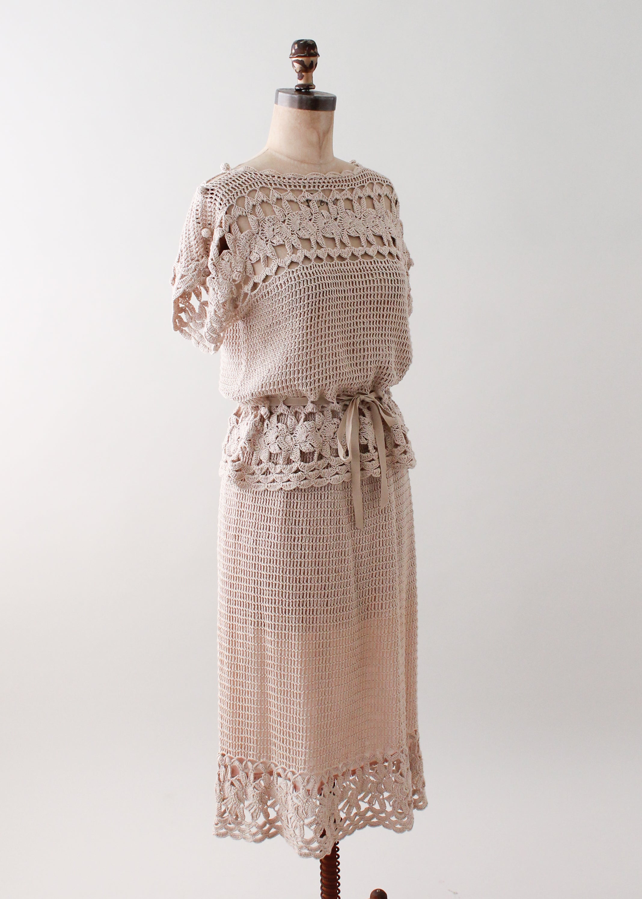 Vintage 1970s Tan Crochet Dress Set