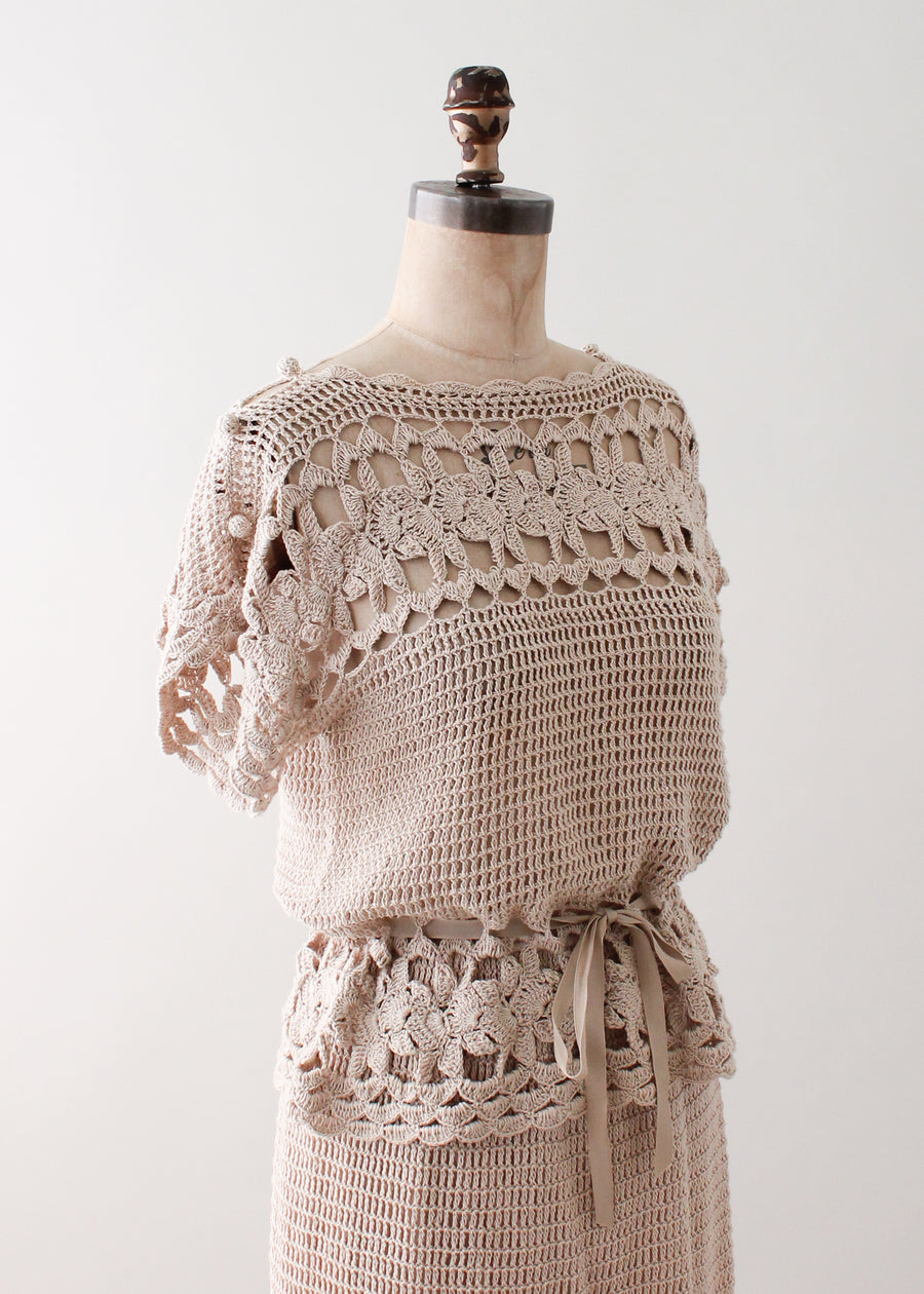 Vintage 1970s Tan Crochet Dress Set
