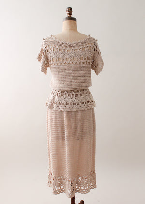 Vintage 1970s Tan Crochet Dress Set