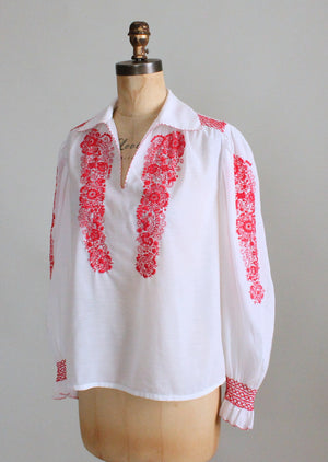 Vintage 1970s Red and White Embroidered Hippie Blouse
