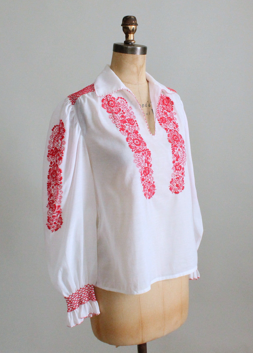 Vintage 1970s Red and White Embroidered Hippie Blouse