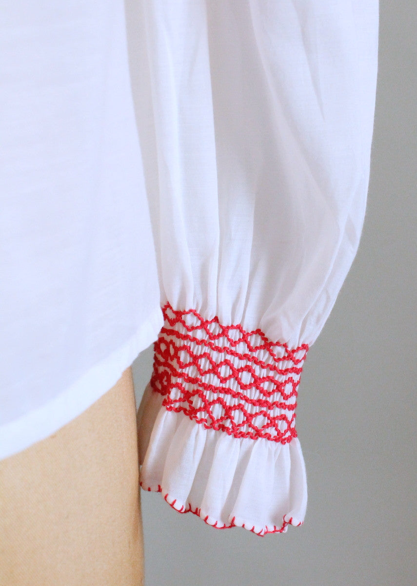 Vintage 1970s Red and White Embroidered Hippie Blouse