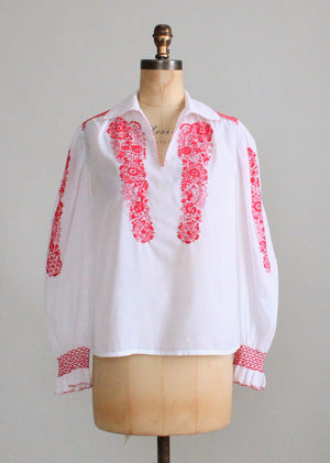 Vintage 1970s Red and White Embroidered Hippie Blouse