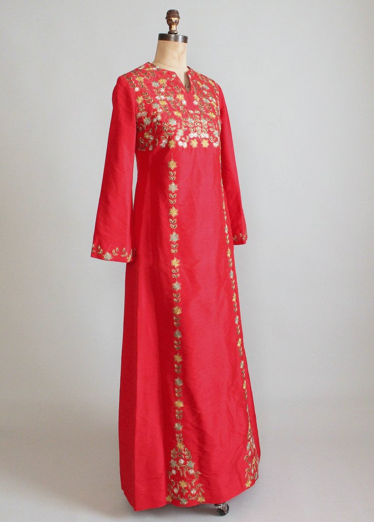 Vintage 1970s Indian Embroidered Red Silk Caftan