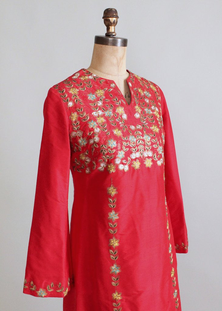 Vintage 1970s Indian Embroidered Red Silk Caftan