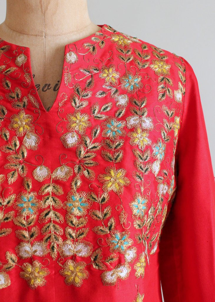Vintage 1970s Indian Embroidered Red Silk Caftan