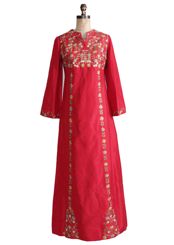 Vintage 1970s Indian Embroidered Red Silk Caftan