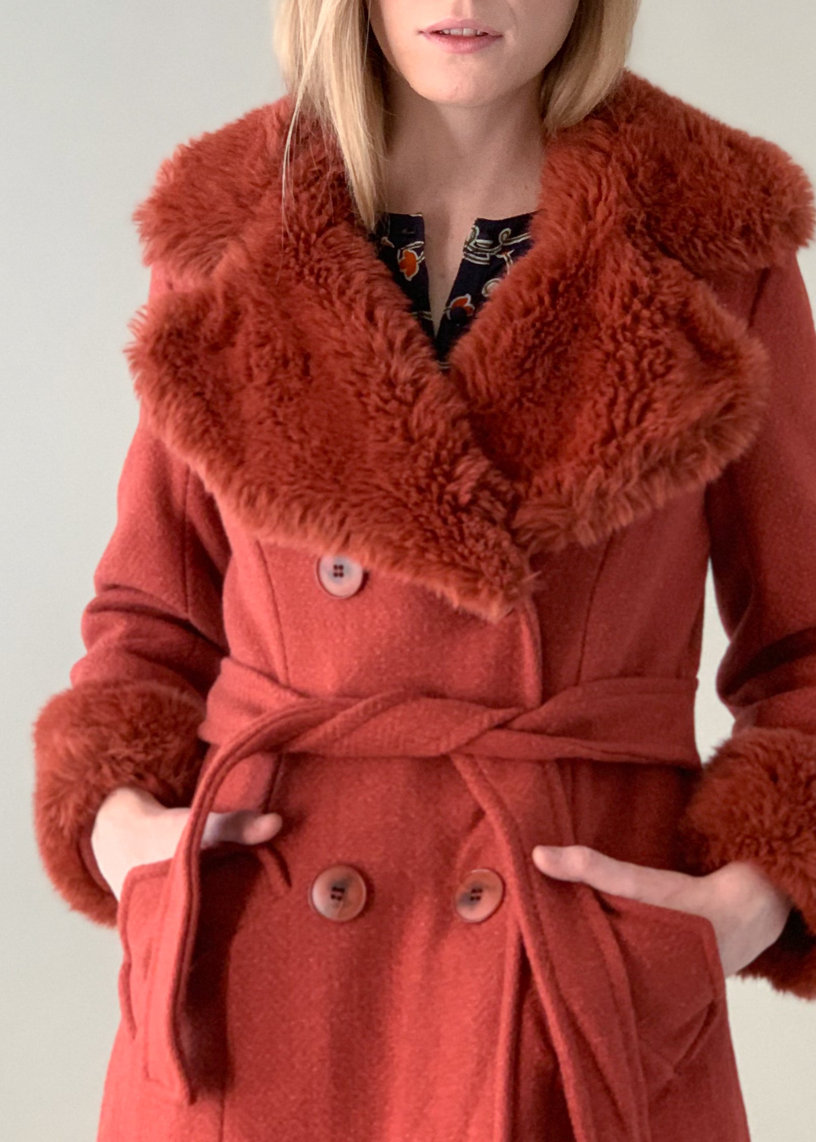 Vintage 1970s Russet Faux Fur Trimmed Belted Coat