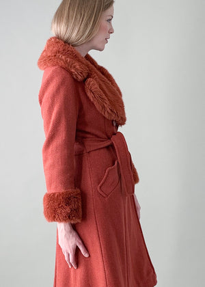 Vintage 1970s Russet Faux Fur Trimmed Belted Coat