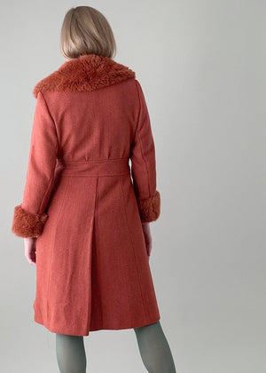 Vintage 1970s Russet Faux Fur Trimmed Belted Coat