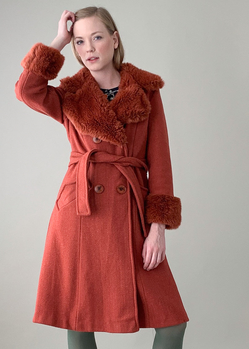 Vintage 1970s Russet Faux Fur Trimmed Belted Coat