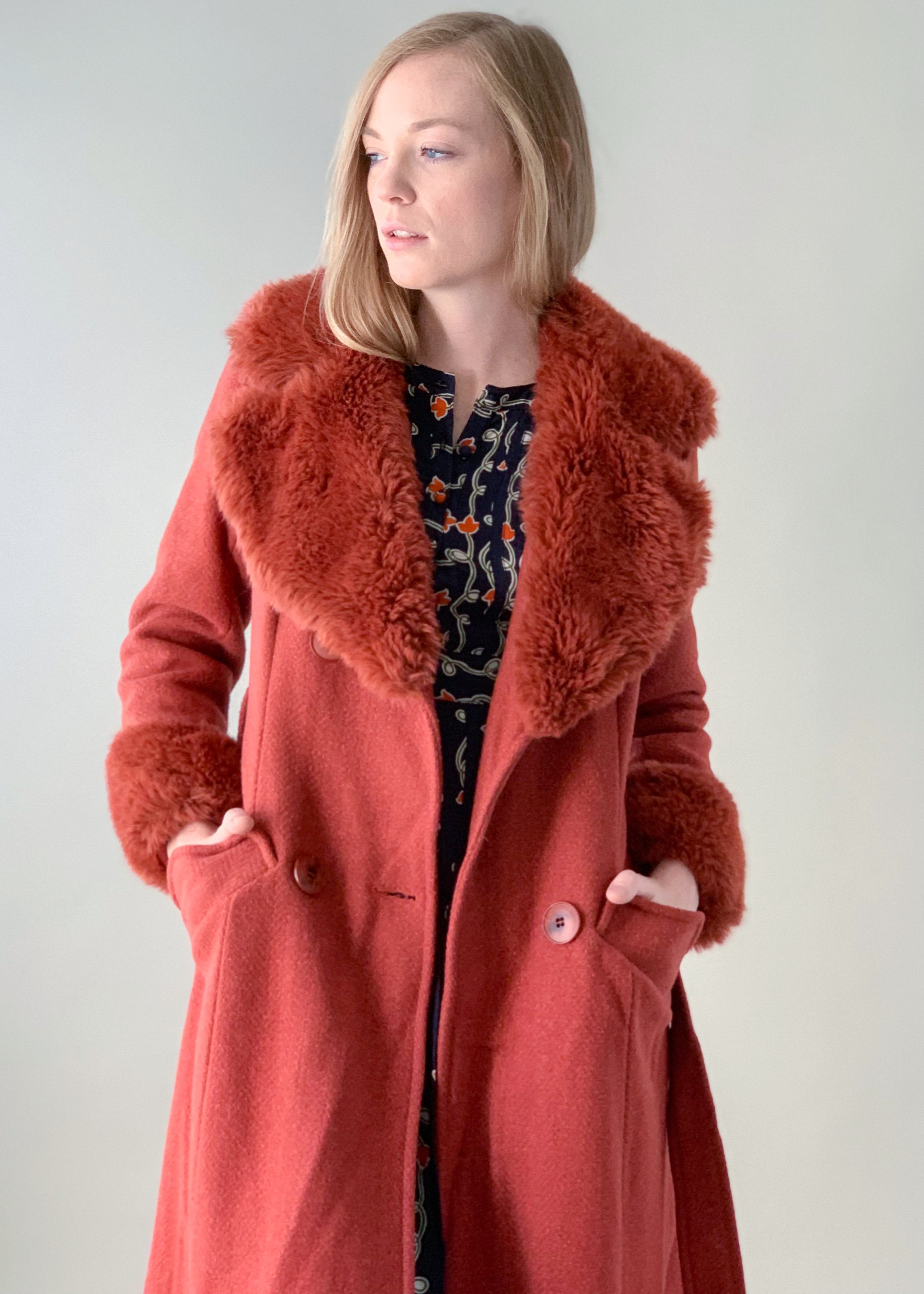 Vintage 1970s Russet Faux Fur Trimmed Belted Coat