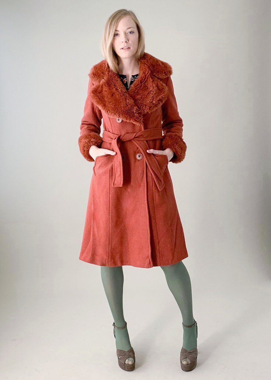Vintage 1970s Russet Faux Fur Trimmed Belted Coat