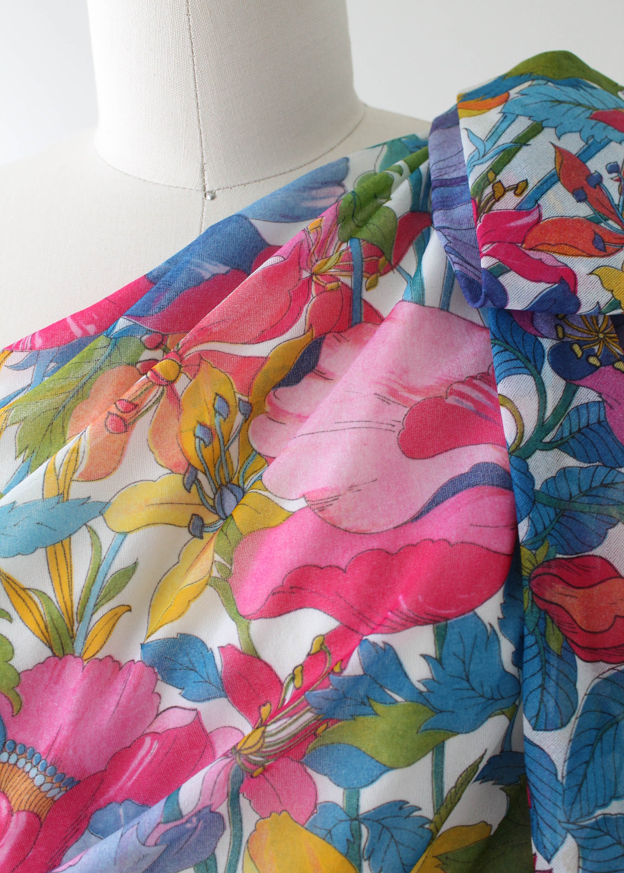 Vintage 1970s One Shoulder Floral Chiffon Summer Dress