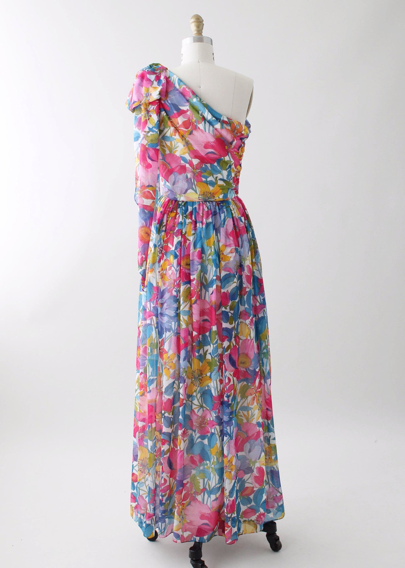 Vintage 1970s One Shoulder Floral Chiffon Summer Dress