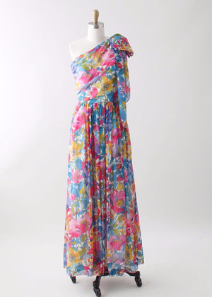 Vintage 1970s One Shoulder Floral Chiffon Summer Dress