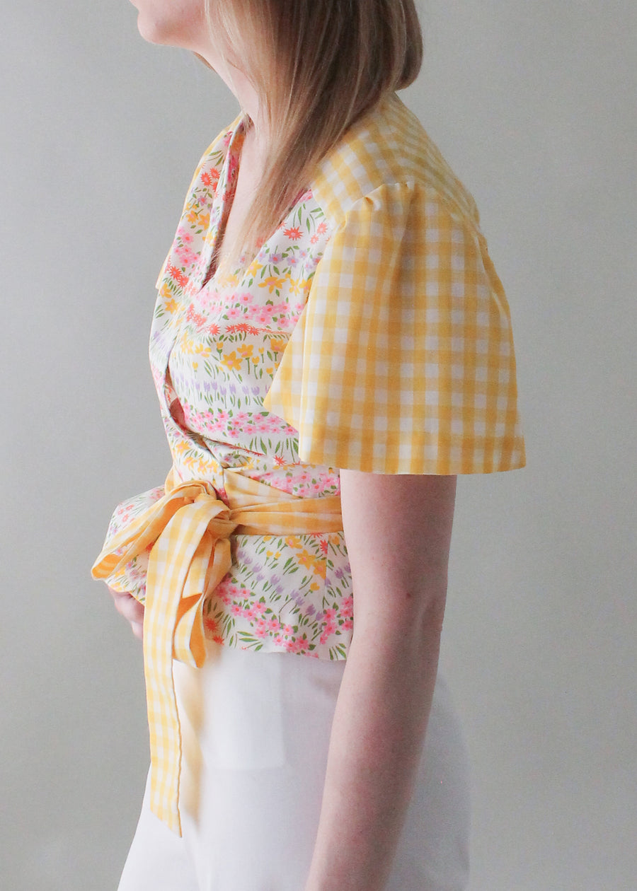 Vintage 1970s Floral Gingham Wrap Top