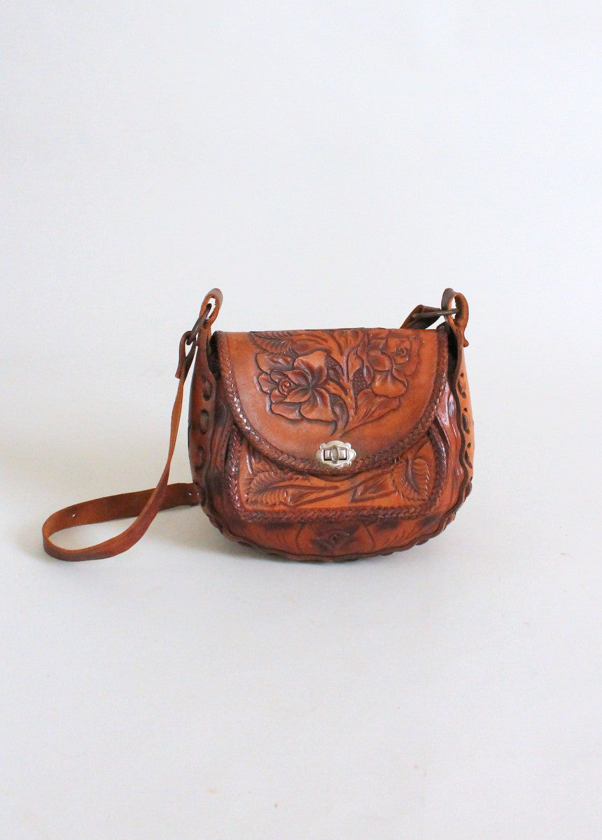 ON RESERVE / HOLD for Y. 1970s Leather Handbag Hippie Tooled -  UK