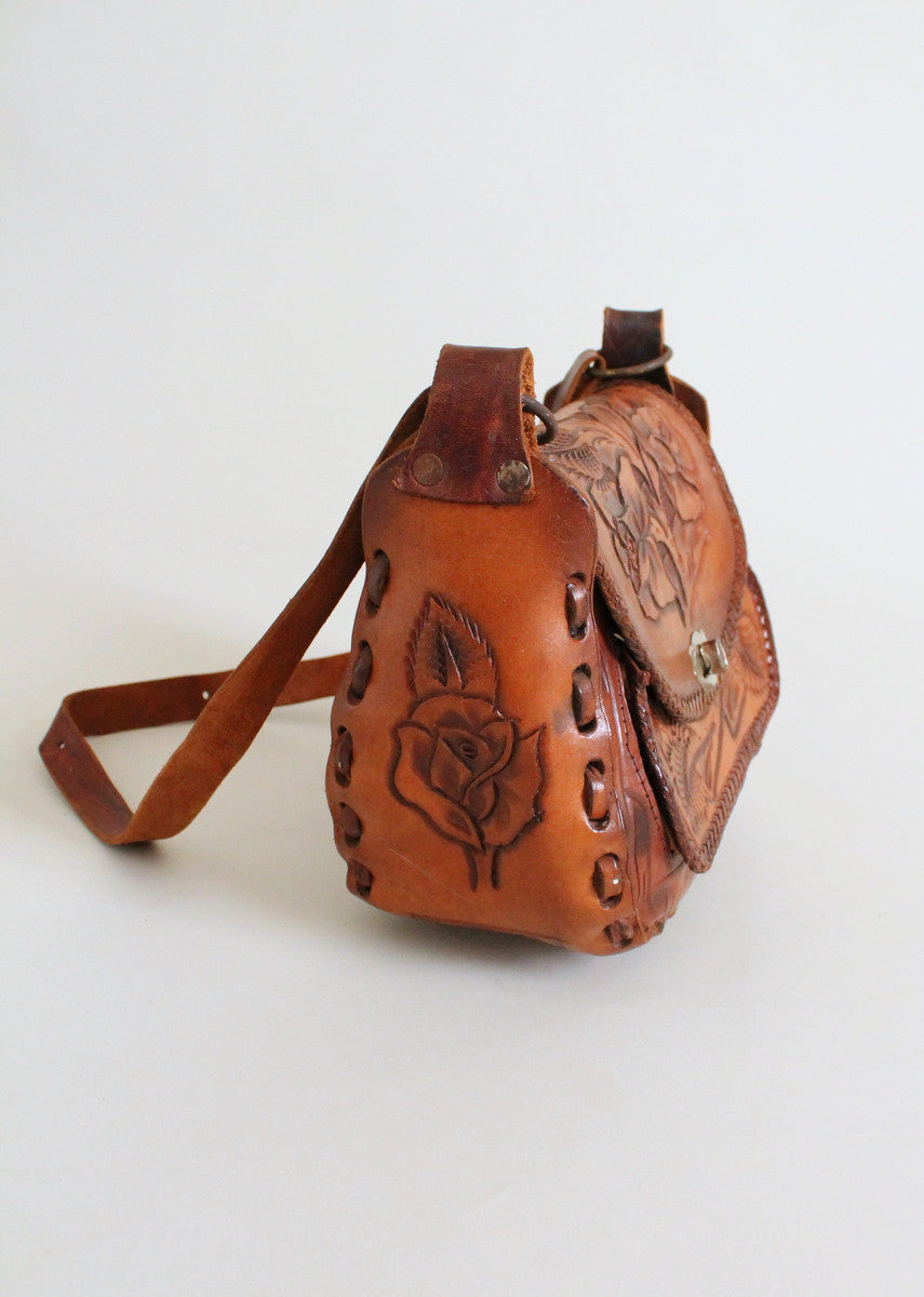 ON RESERVE / HOLD for Y. 1970s Leather Handbag Hippie Tooled -  UK