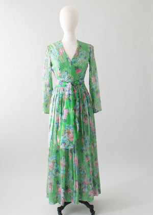 Vintage 1970s Green Floral and Sequined Party Dress