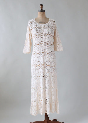 Vintage 1970s Ivory Crochet Caftan Dress