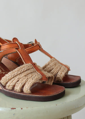 Vintage 1970s Jute and Leather Wedge Sandals