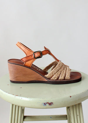 Vintage 1970s Jute and Leather Wedge Sandals