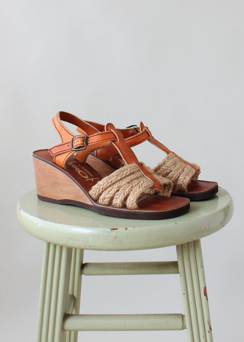 Vintage 1970s Jute and Leather Wedge Sandals