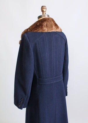Vintage 1970s Navy Wool and Fur Collar Winter Coat