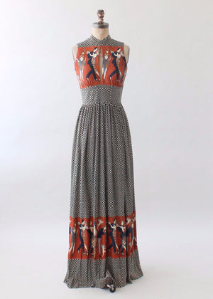 Vintage 1970s Novelty Print Maxi Dress with Flappers