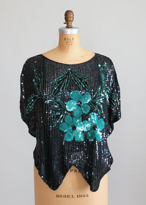 Vintage 1970s Sequined Flowers Party Top