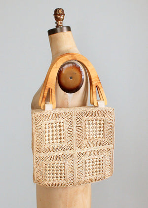 Vintage 1970s Woven Straw Tote Purse with Wood Handles